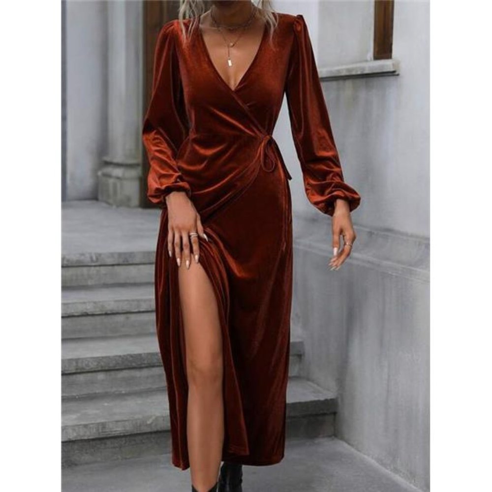 Surplice Neck Knot Side Wrap Hem Velvet Dress